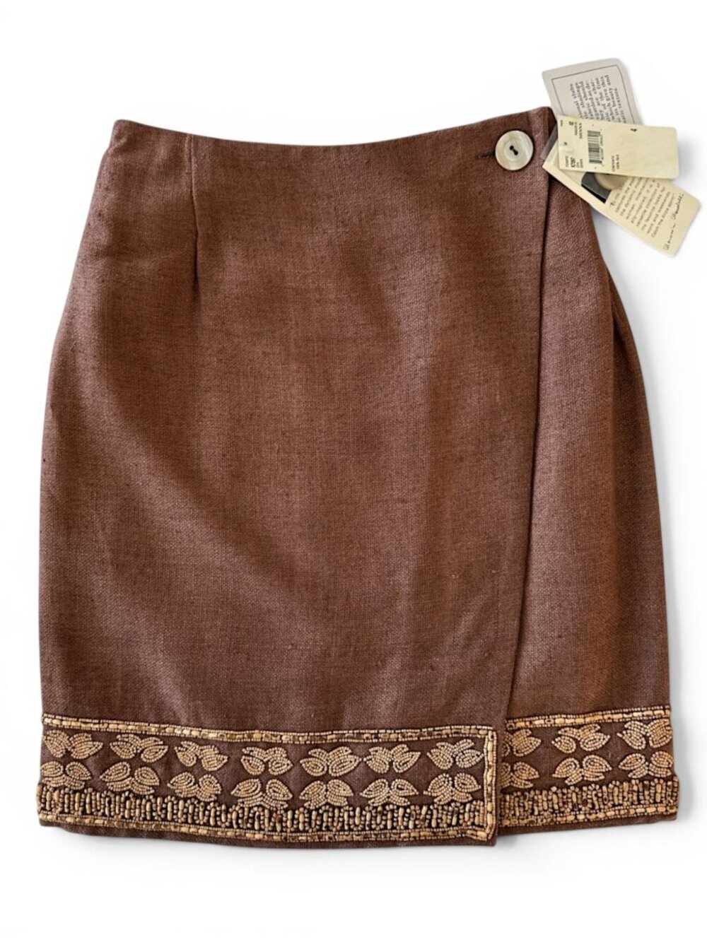 Krizia Italy Brown 100% Silk (Linen Look) Vintage Wrap Wood Bead Skirt New NWT 4